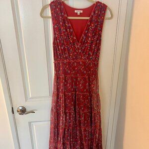 Like-New MAX STUDIO Mesh V Neck Tiered Midi Dress in Red Floral, Size Large